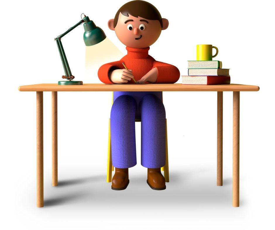 cartoon man writing at a desk with lamp mug and pile of books